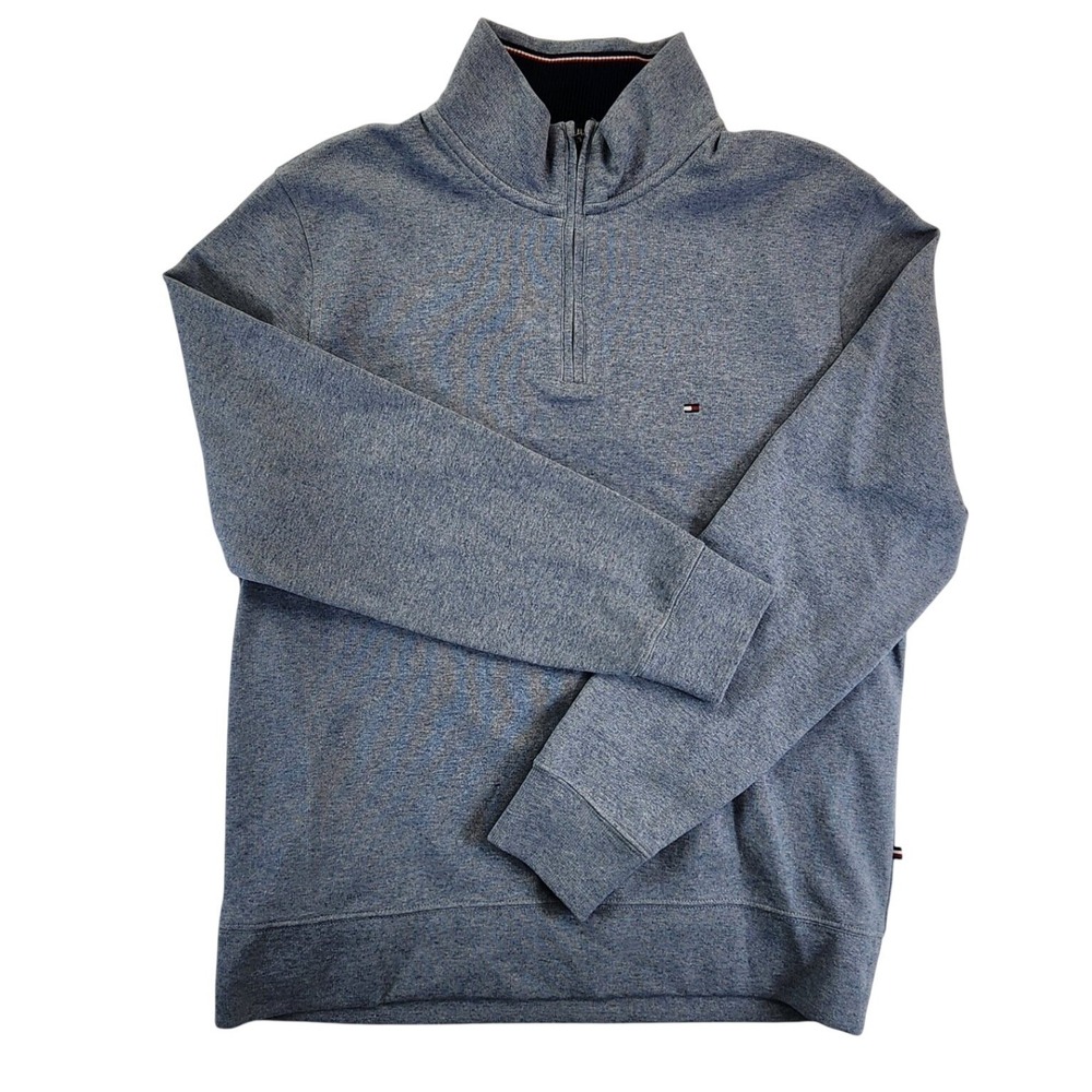 Tommy Hilfiger Men Large Blue Quarter Zip Pullover Preppy Classic Casual Sweater